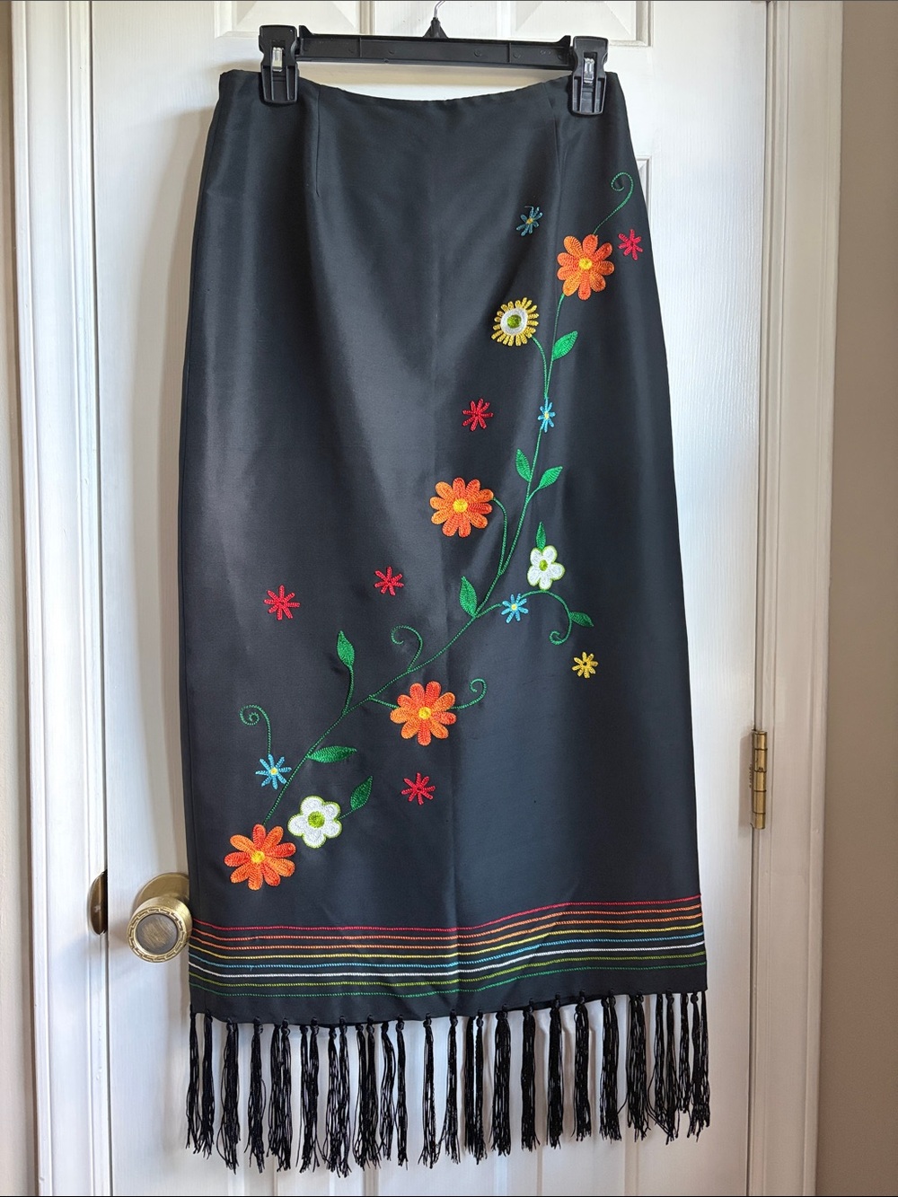 Black Floral Embroidered Fringe Silk Pencil Skirt